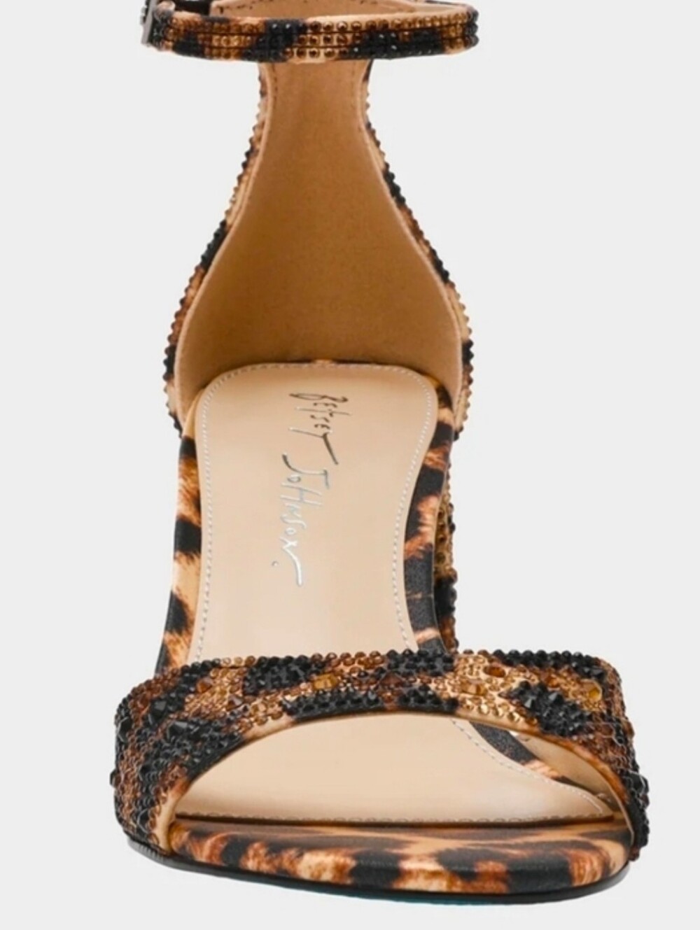 👉✨️ Betsey Johnson Leopard  Kami Crystal Block Heel Sandal in Tan and Black - Picture 4 of 5